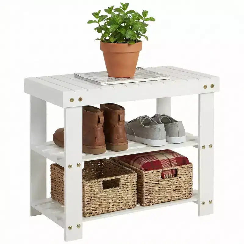 Bamboo Entryway Shoe Bench with 2-Tier Storage Shelf for Entryway& Living Room