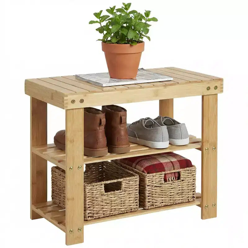 Bamboo Entryway Shoe Bench with 2-Tier Storage Shelf for Entryway& Living Room