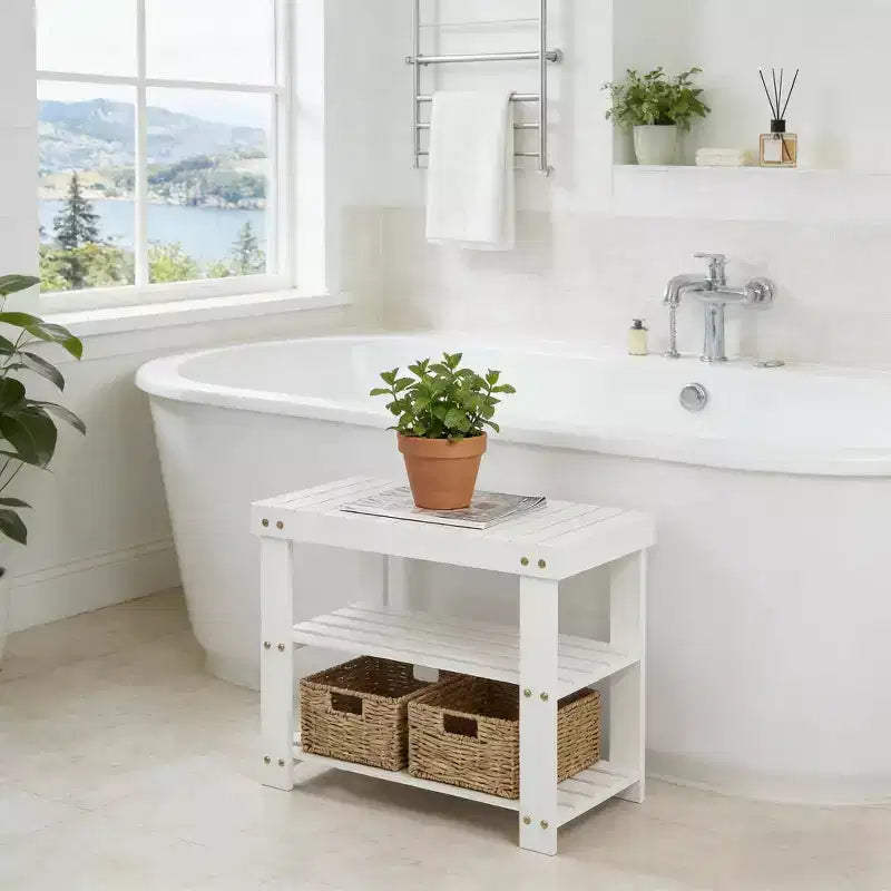 Bamboo Entryway Shoe Bench with 2-Tier Storage Shelf for Entryway& Living Room