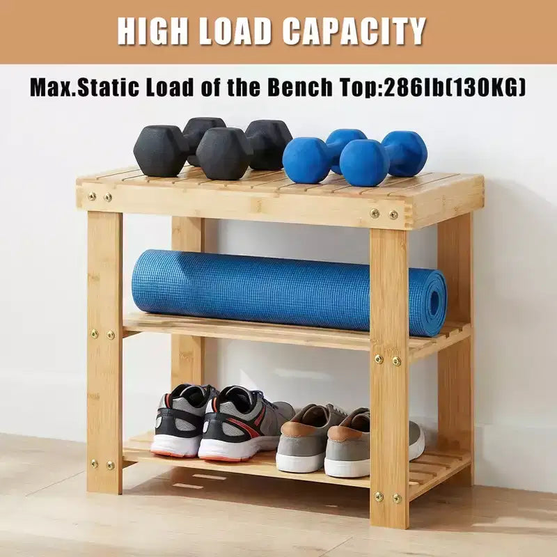 Bamboo Entryway Shoe Bench with 2-Tier Storage Shelf for Entryway& Living Room
