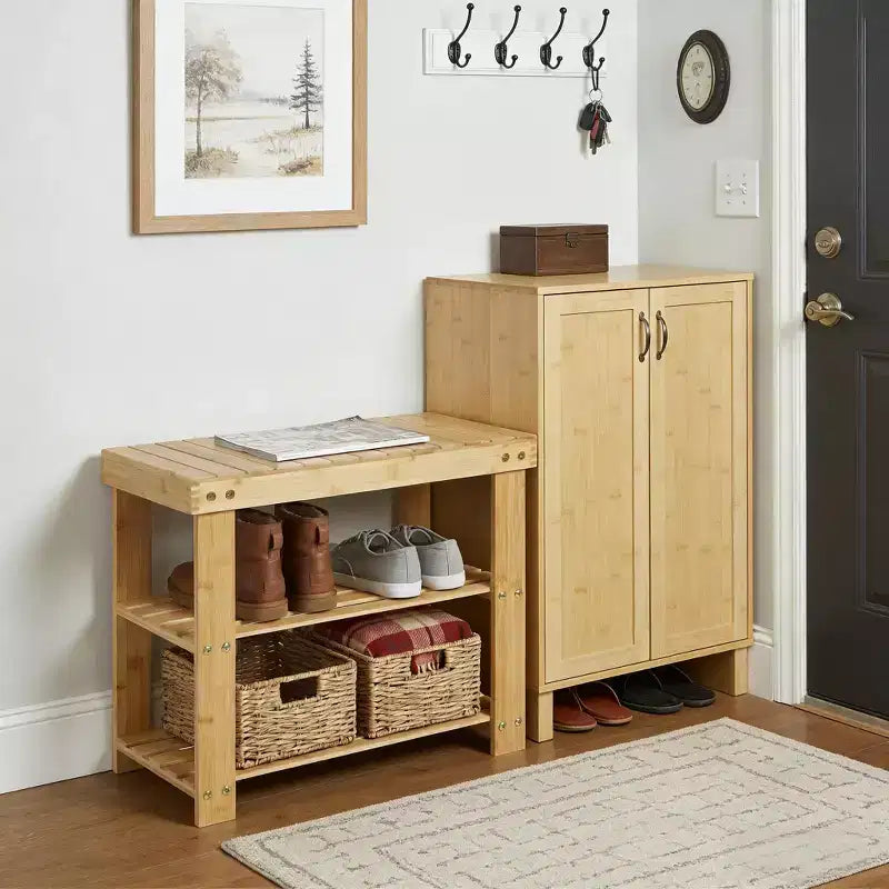 Bamboo Entryway Shoe Bench with 2-Tier Storage Shelf for Entryway& Living Room