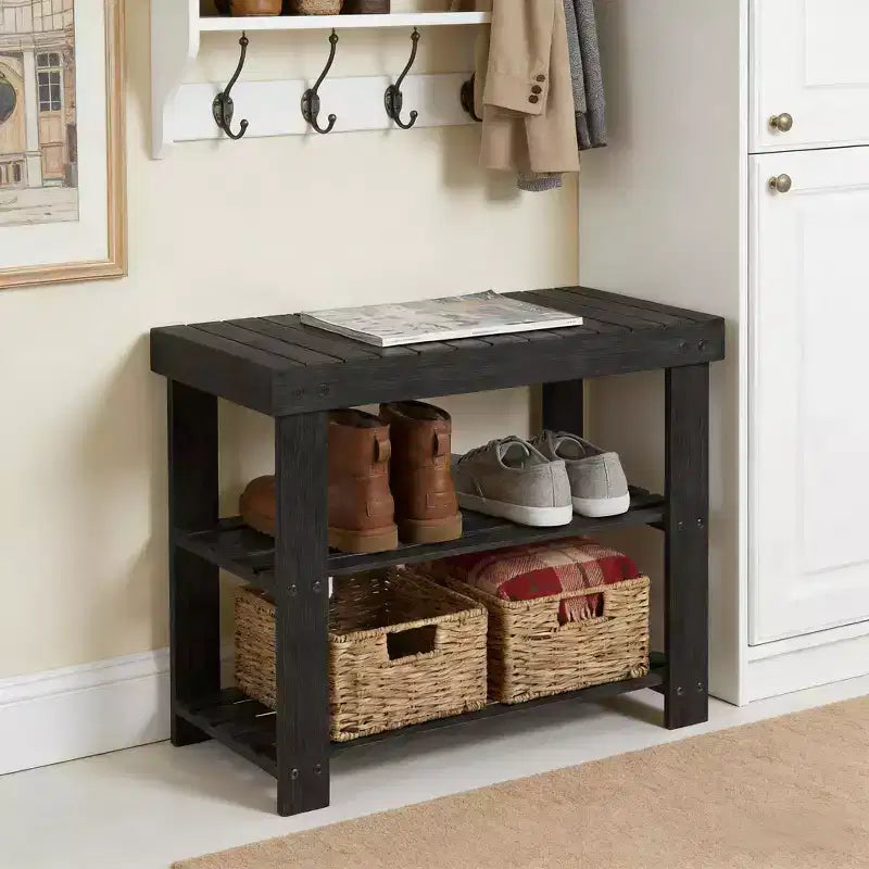 Banc à chaussures en bambou pour entrée avec étagère de rangement à 2 niveaux pour entrée et salon