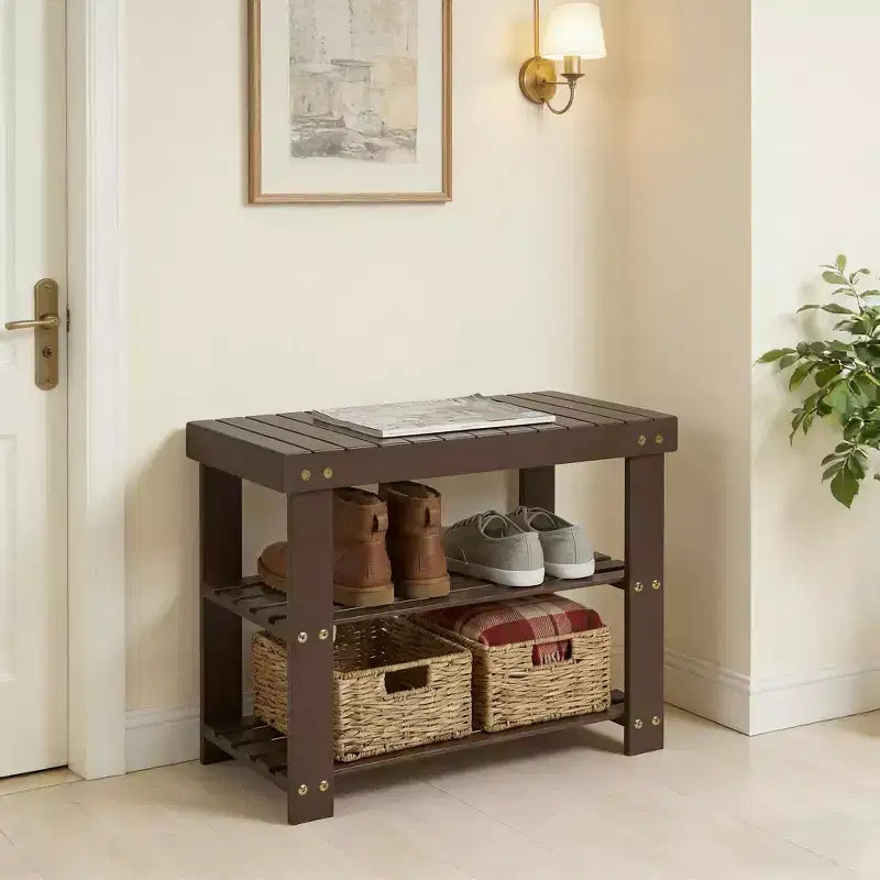 Banc à chaussures en bambou pour entrée avec étagère de rangement à 2 niveaux pour entrée et salon