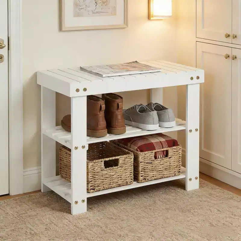 Banc à chaussures en bambou pour entrée avec étagère de rangement à 2 niveaux pour entrée et salon