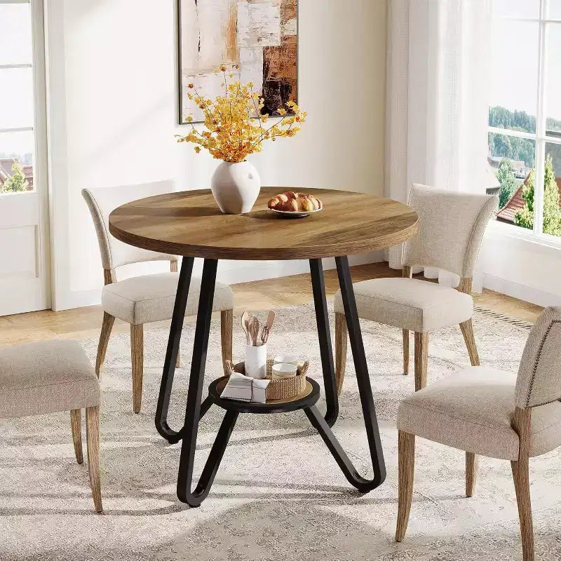 31.5" Round Dining Table for 2 with Double Shelves, Small Kitchen Dinner Table for Dining Room, Apartment, Small Space