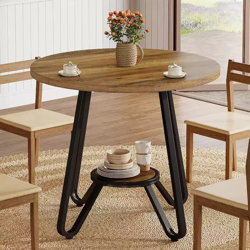 31.5" Round Dining Table for 2 with Double Shelves, Small Kitchen Dinner Table for Dining Room, Apartment, Small Space