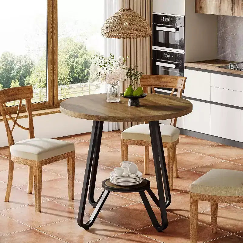 31.5" Round Dining Table for 2 with Double Shelves, Small Kitchen Dinner Table for Dining Room, Apartment, Small Space