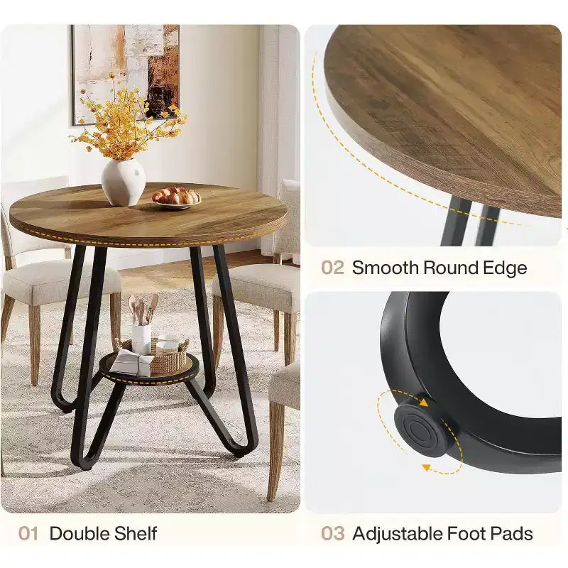31.5" Round Dining Table for 2 with Double Shelves, Small Kitchen Dinner Table for Dining Room, Apartment, Small Space