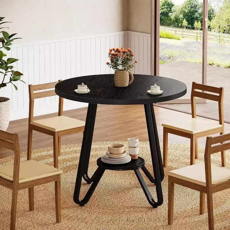 31.5" Round Dining Table for 2 with Double Shelves, Small Kitchen Dinner Table for Dining Room, Apartment, Small Space