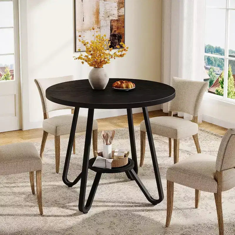 31.5" Round Dining Table for 2 with Double Shelves, Small Kitchen Dinner Table for Dining Room, Apartment, Small Space