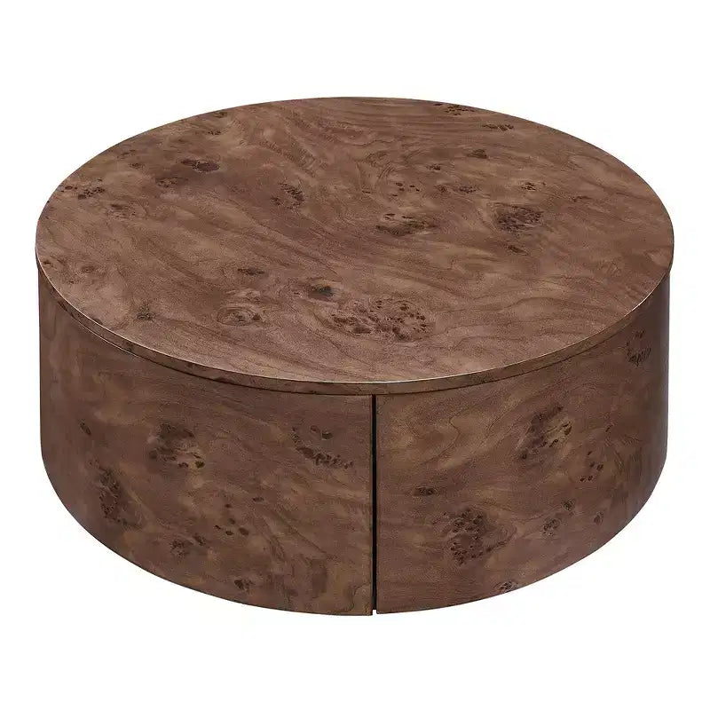 360° Swivel Accent Coffee Table with Burl Wood Veneer & 2 Hidden Storage Drawers - Walnut