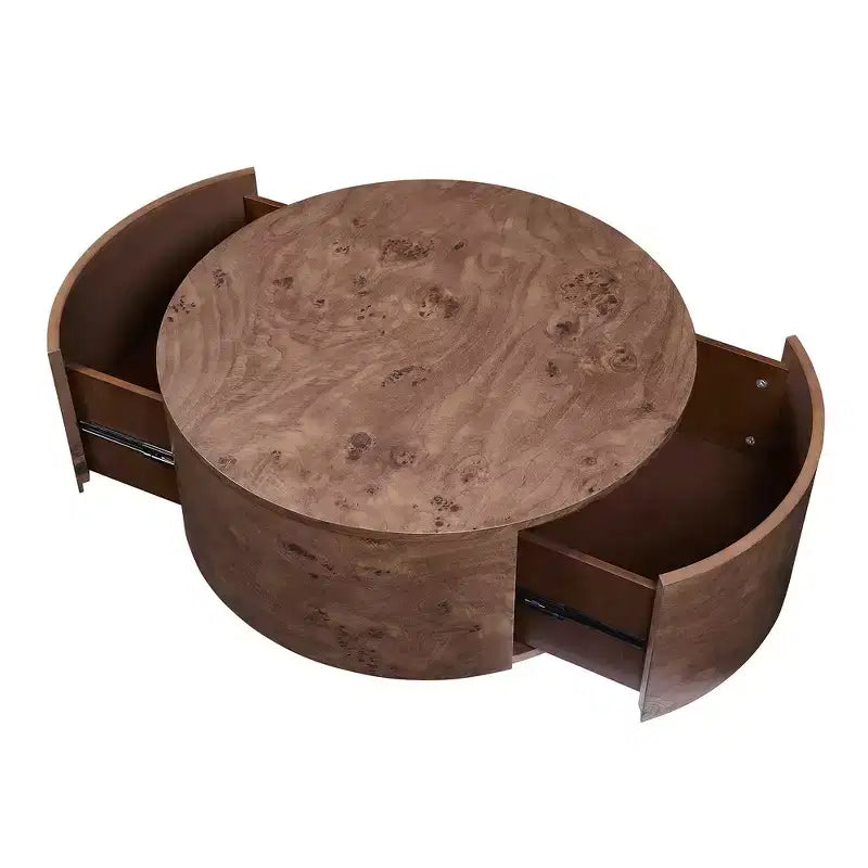 360° Swivel Accent Coffee Table with Burl Wood Veneer & 2 Hidden Storage Drawers - Walnut