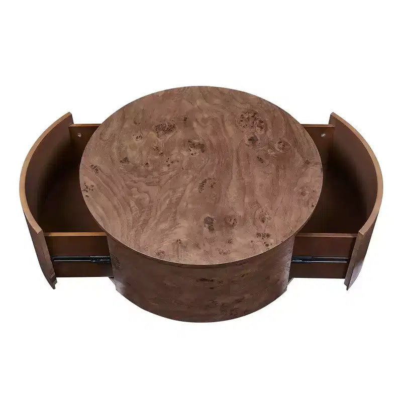 360° Swivel Accent Coffee Table with Burl Wood Veneer & 2 Hidden Storage Drawers - Walnut