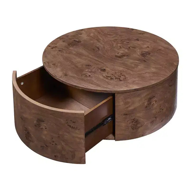 360° Swivel Accent Coffee Table with Burl Wood Veneer & 2 Hidden Storage Drawers - Walnut