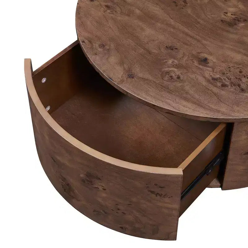 360° Swivel Accent Coffee Table with Burl Wood Veneer & 2 Hidden Storage Drawers - Walnut