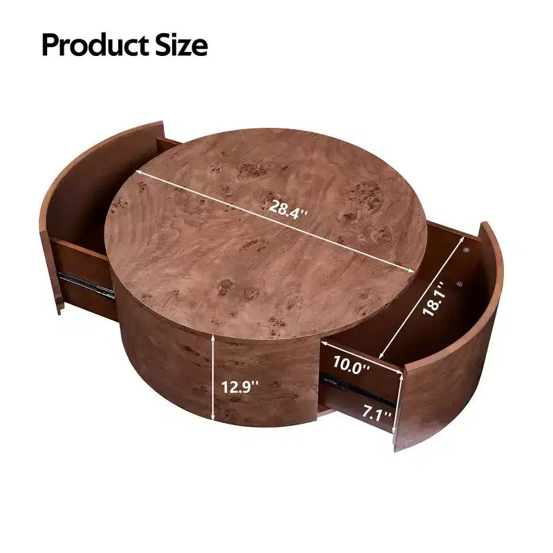 360° Swivel Accent Coffee Table with Burl Wood Veneer & 2 Hidden Storage Drawers - Walnut