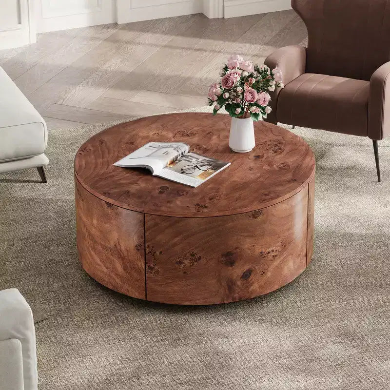 360° Swivel Accent Coffee Table with Burl Wood Veneer & 2 Hidden Storage Drawers - Walnut