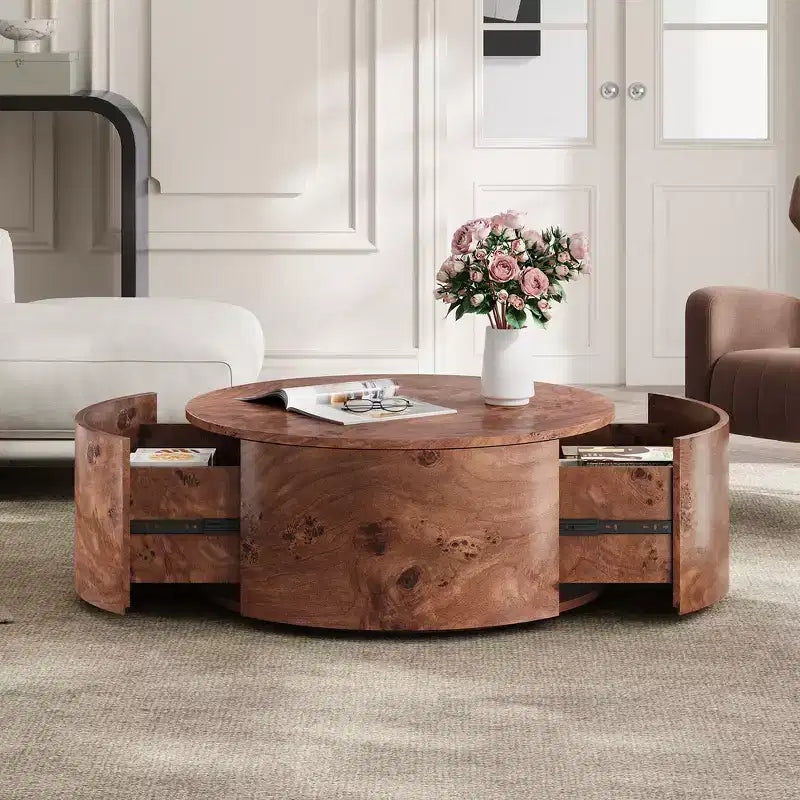360° Swivel Accent Coffee Table with Burl Wood Veneer & 2 Hidden Storage Drawers - Walnut