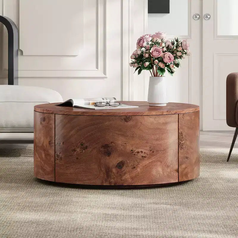 360° Swivel Accent Coffee Table with Burl Wood Veneer & 2 Hidden Storage Drawers - Walnut