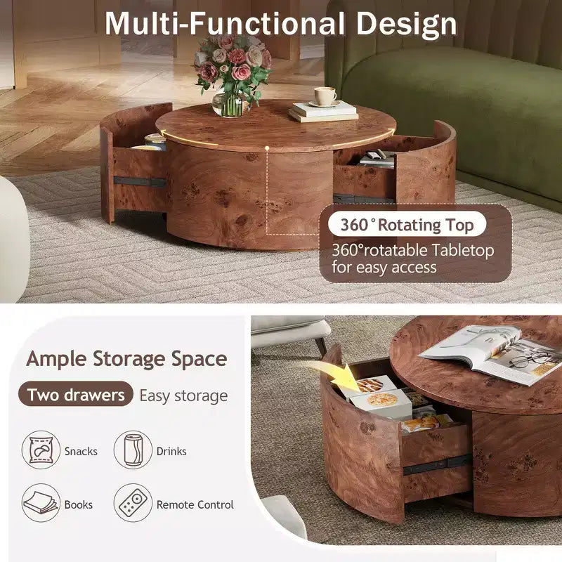 360° Swivel Accent Coffee Table with Burl Wood Veneer & 2 Hidden Storage Drawers - Walnut
