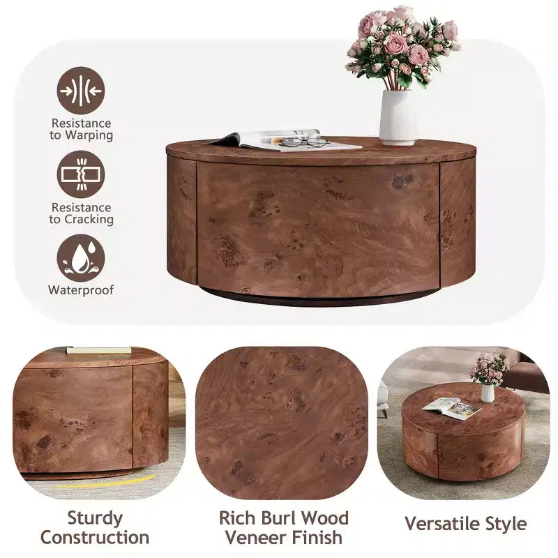 360° Swivel Accent Coffee Table with Burl Wood Veneer & 2 Hidden Storage Drawers - Walnut