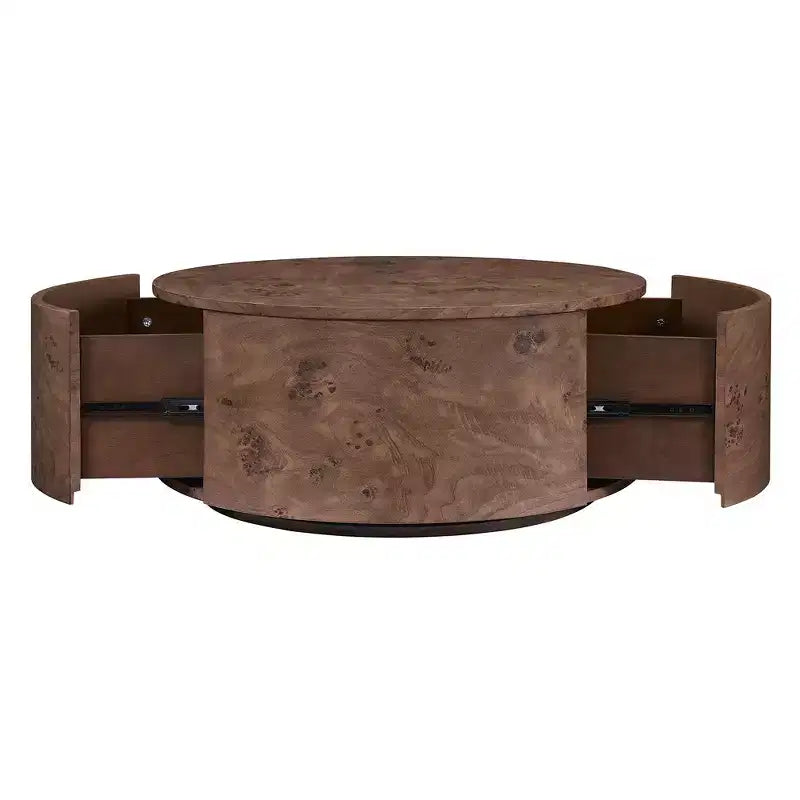 360° Swivel Accent Coffee Table with Burl Wood Veneer & 2 Hidden Storage Drawers - Walnut