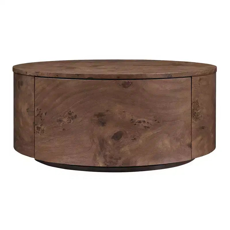 360° Swivel Accent Coffee Table with Burl Wood Veneer & 2 Hidden Storage Drawers - Walnut