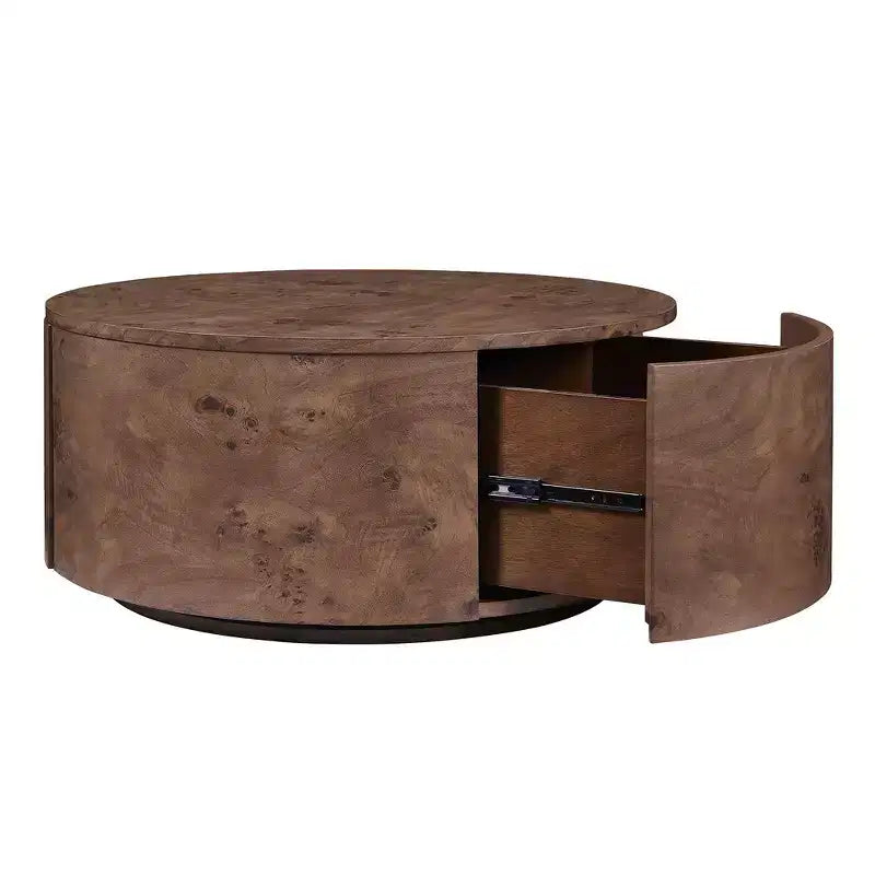 360° Swivel Accent Coffee Table with Burl Wood Veneer & 2 Hidden Storage Drawers - Walnut