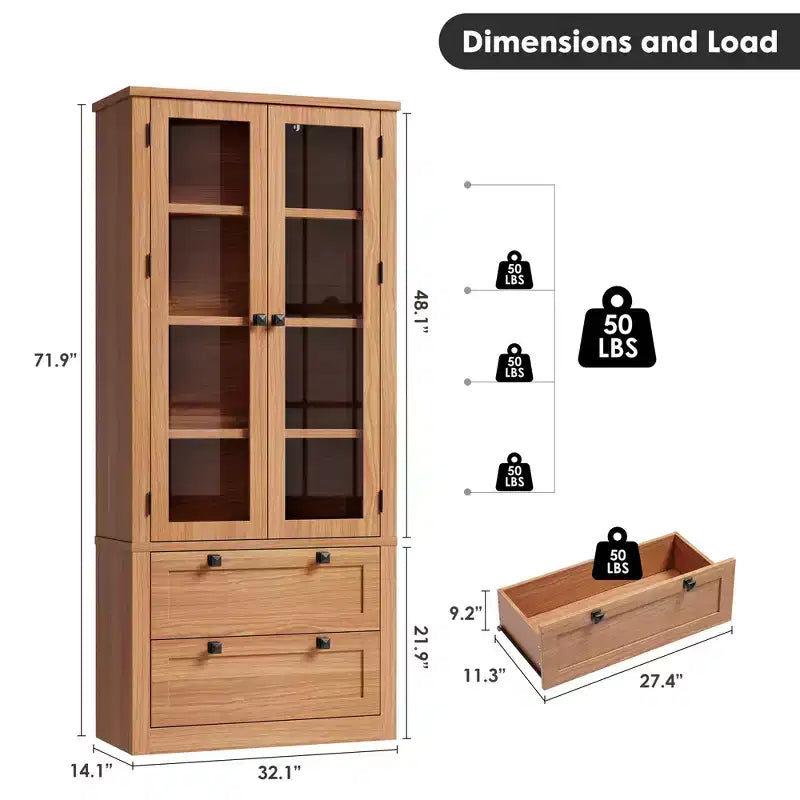 72 Tall Kitchen Pantry Cabinet with 2 Drawers, Farmhouse Kitchen Cupboard with Glass Doors and Adjustable Shelves, for Dining Room
