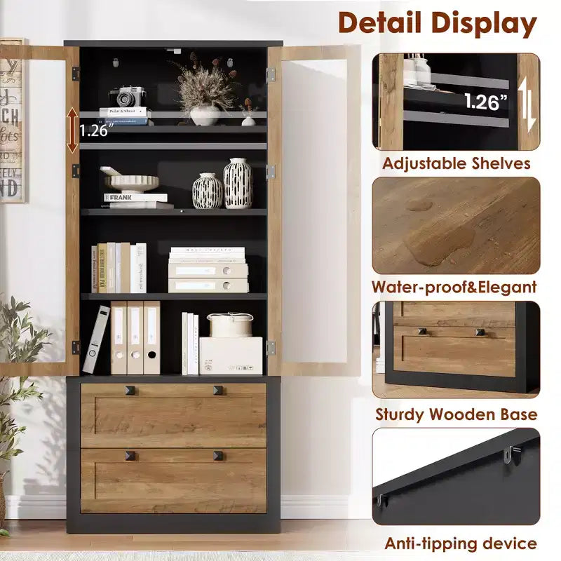 72 Tall Kitchen Pantry Cabinet with 2 Drawers, Farmhouse Kitchen Cupboard with Glass Doors and Adjustable Shelves, for Dining Room