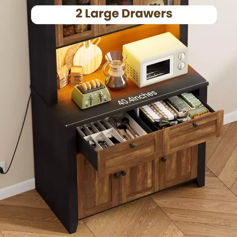 66 Tall Modern Kitchen Pantry Cabinet & Hutch, Built-In Charging Station Coffee Bar Cabinet, Spacious Storage with Glass Doors & Drawers