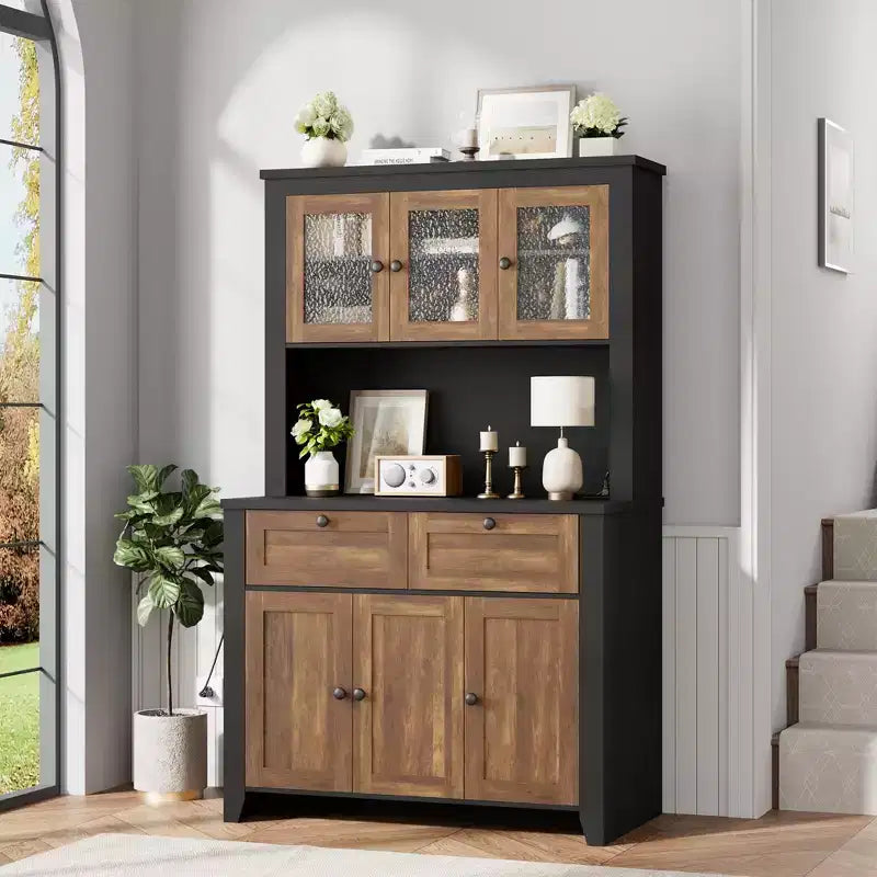 66 Tall Modern Kitchen Pantry Cabinet & Hutch, Built-In Charging Station Coffee Bar Cabinet, Spacious Storage with Glass Doors & Drawers