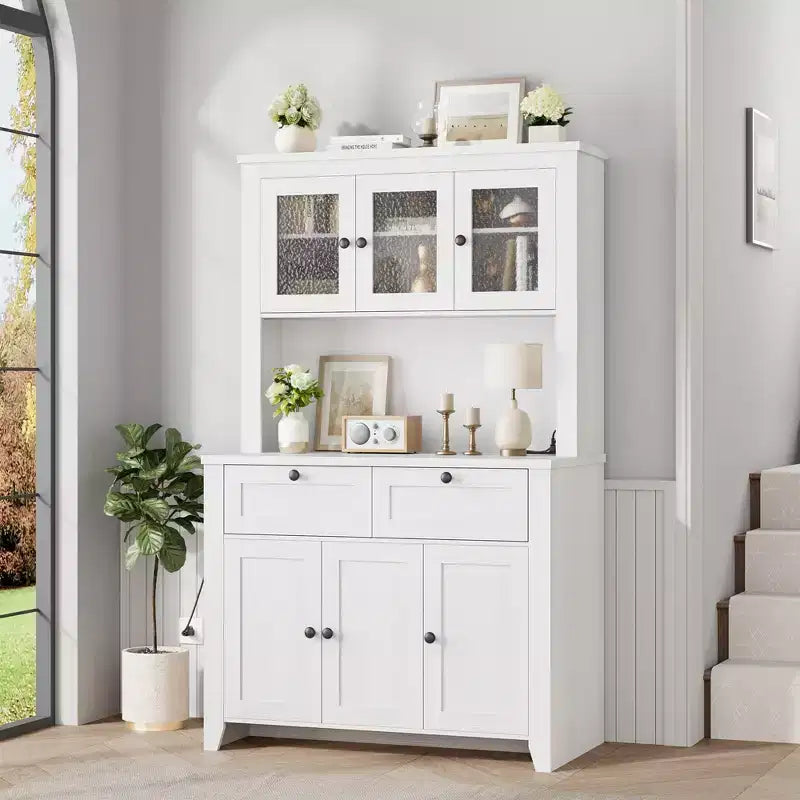 66 Tall Modern Kitchen Pantry Cabinet & Hutch, Built-In Charging Station Coffee Bar Cabinet, Spacious Storage with Glass Doors & Drawers