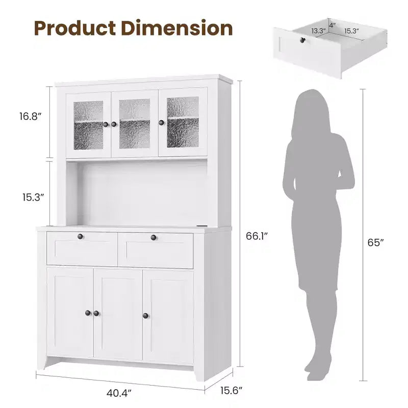 66 Tall Modern Kitchen Pantry Cabinet & Hutch, Built-In Charging Station Coffee Bar Cabinet, Spacious Storage with Glass Doors & Drawers