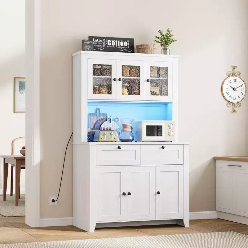 66 Tall Modern Kitchen Pantry Cabinet & Hutch, Built-In Charging Station Coffee Bar Cabinet, Spacious Storage with Glass Doors & Drawers