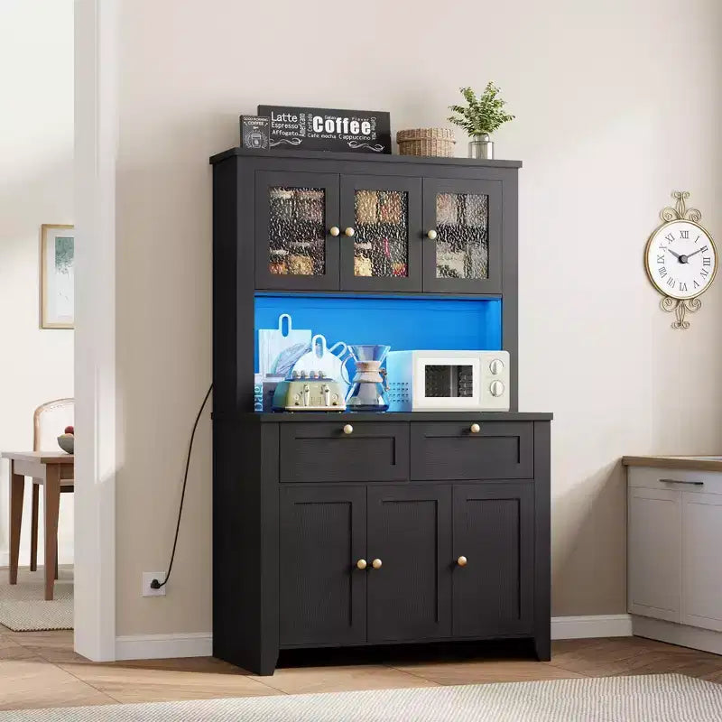 66 Tall Modern Kitchen Pantry Cabinet & Hutch, Built-In Charging Station Coffee Bar Cabinet, Spacious Storage with Glass Doors & Drawers