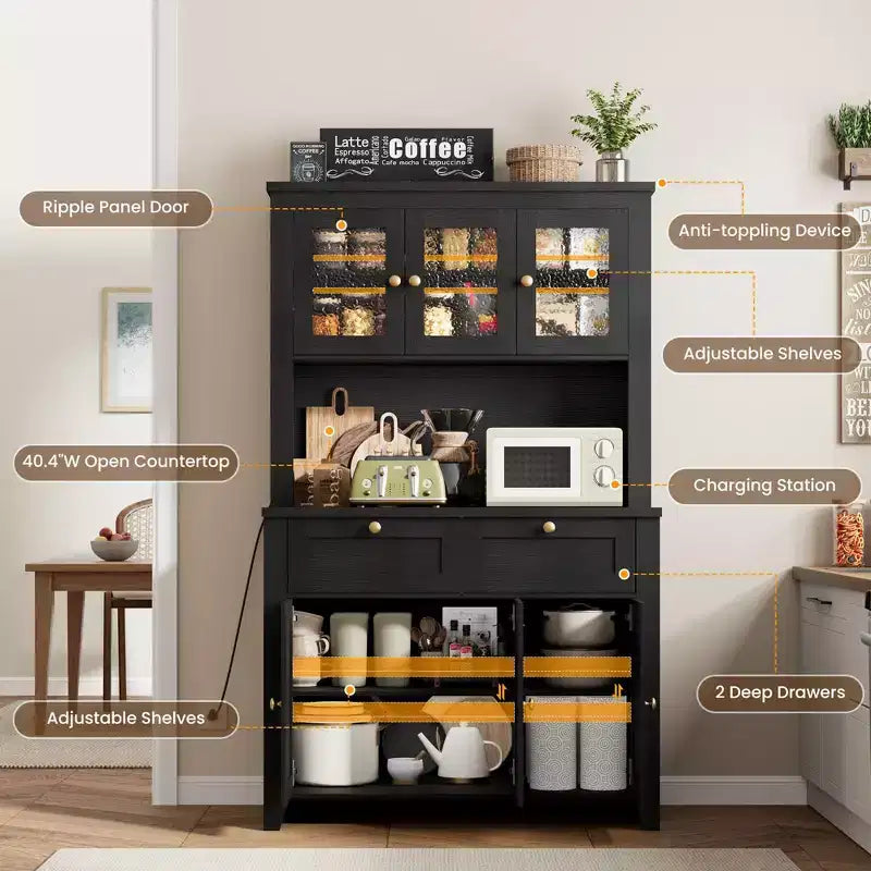 66 Tall Modern Kitchen Pantry Cabinet & Hutch, Built-In Charging Station Coffee Bar Cabinet, Spacious Storage with Glass Doors & Drawers