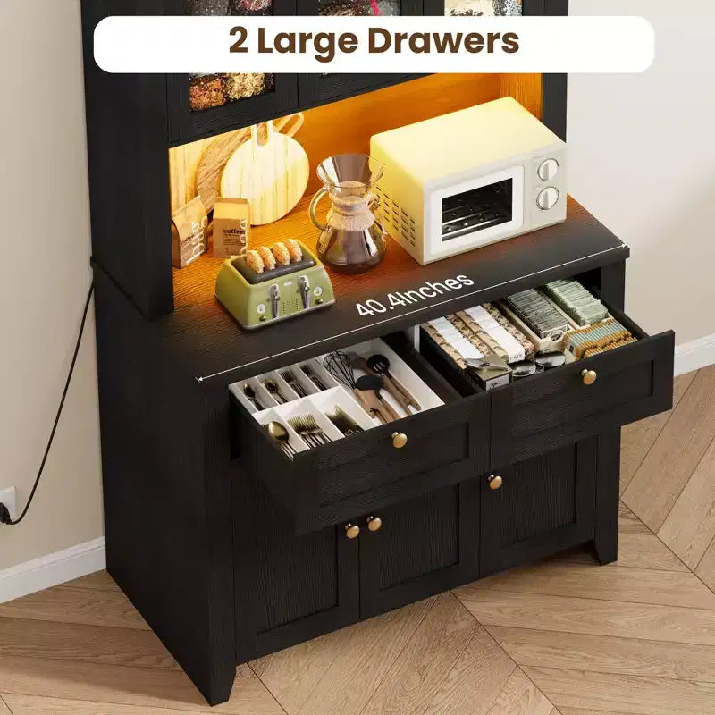 66 Tall Modern Kitchen Pantry Cabinet & Hutch, Built-In Charging Station Coffee Bar Cabinet, Spacious Storage with Glass Doors & Drawers