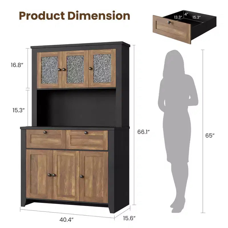 66 Tall Modern Kitchen Pantry Cabinet & Hutch, Built-In Charging Station Coffee Bar Cabinet, Spacious Storage with Glass Doors & Drawers