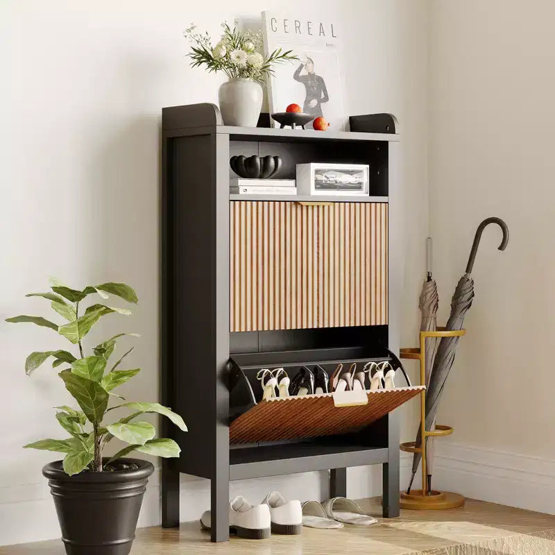 Slim Shoe Cabinet with 2 Flip Drawers and Open Shelves for Entryway, Bedroom