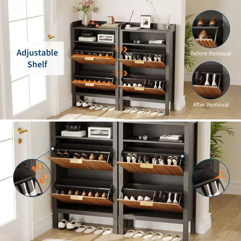 Slim Shoe Cabinet with 2 Flip Drawers and Open Shelves for Entryway, Bedroom