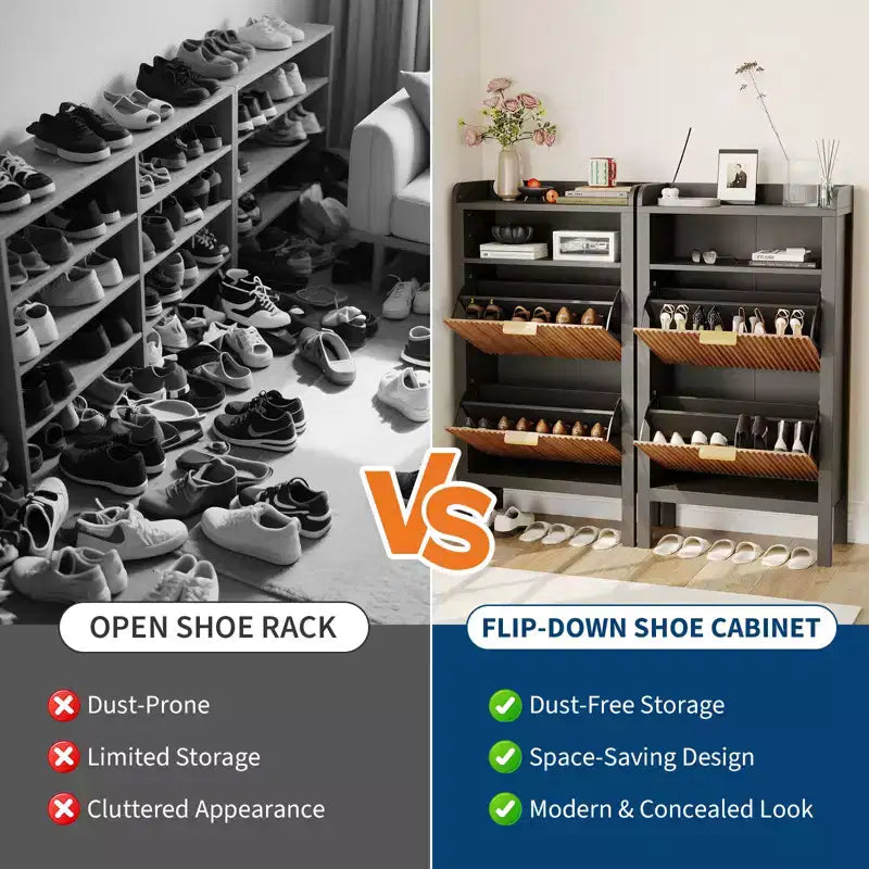 Slim Shoe Cabinet with 2 Flip Drawers and Open Shelves for Entryway, Bedroom