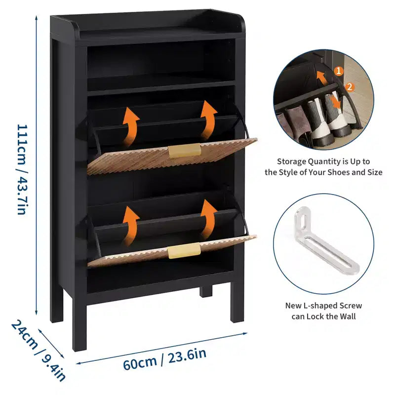 Slim Shoe Cabinet with 2 Flip Drawers and Open Shelves for Entryway, Bedroom