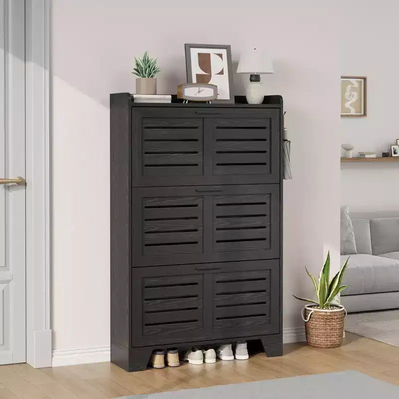 Slim 3 Flip Drawer Shoe Cabinet with Hooks, 13.8" Hidden Shoe Rack for Entryway