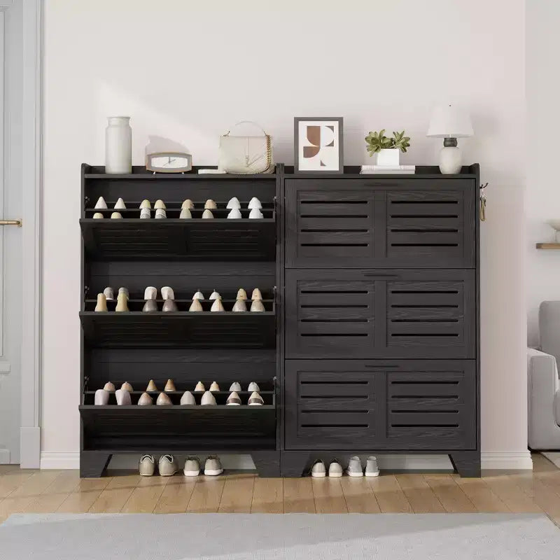 Slim 3 Flip Drawer Shoe Cabinet with Hooks, 13.8" Hidden Shoe Rack for Entryway