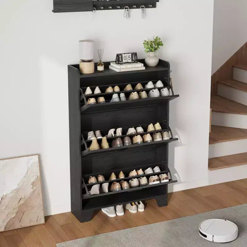 Slim 3 Flip Drawer Shoe Cabinet with Hooks, 13.8" Hidden Shoe Rack for Entryway