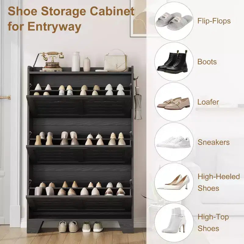 Slim 3 Flip Drawer Shoe Cabinet with Hooks, 13.8" Hidden Shoe Rack for Entryway