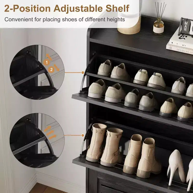 Slim 3 Flip Drawer Shoe Cabinet with Hooks, 13.8" Hidden Shoe Rack for Entryway