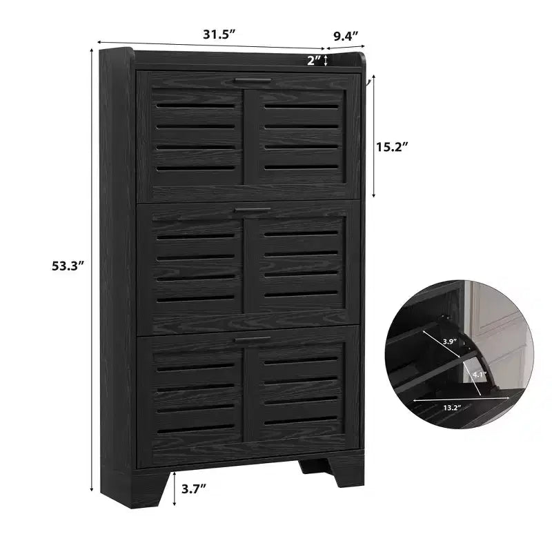 Slim 3 Flip Drawer Shoe Cabinet with Hooks, 13.8" Hidden Shoe Rack for Entryway