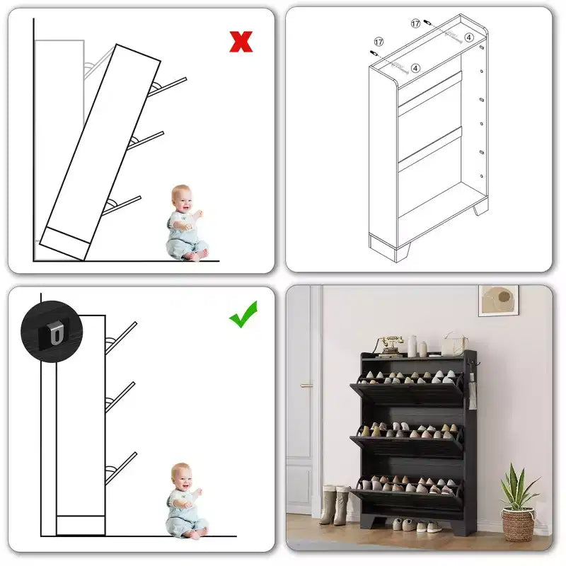 Slim 3 Flip Drawer Shoe Cabinet with Hooks, 13.8" Hidden Shoe Rack for Entryway